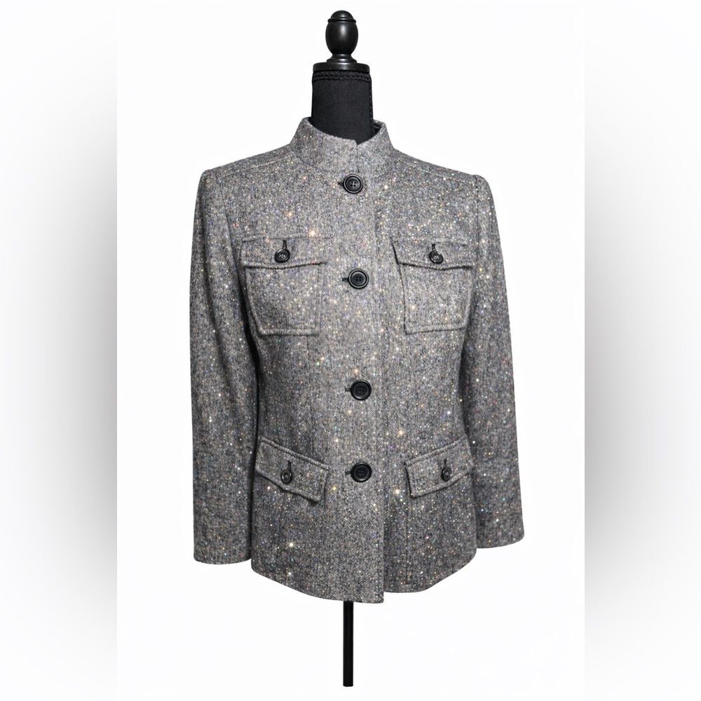 Style & Co Petite Tweed Blazer Jacket Gray Speckled 10P Button Front Classic